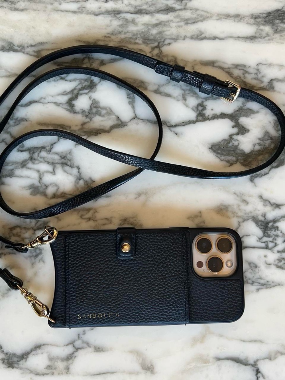 Bandolier Black Leather Crossbody Phone Case with Strap - Picture 6 of 7